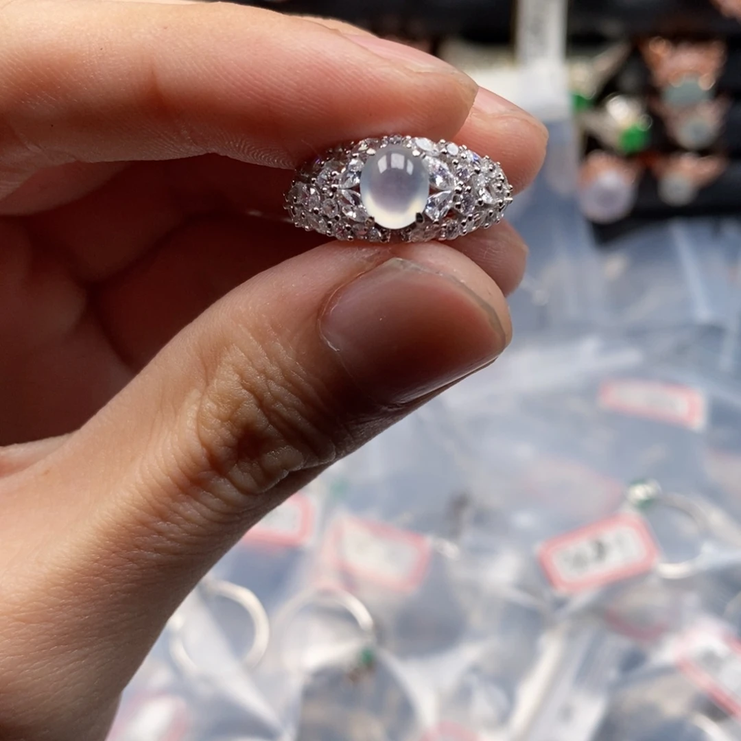 翡翠戒指银S925镶嵌云****糖天然缅甸翡翠a货