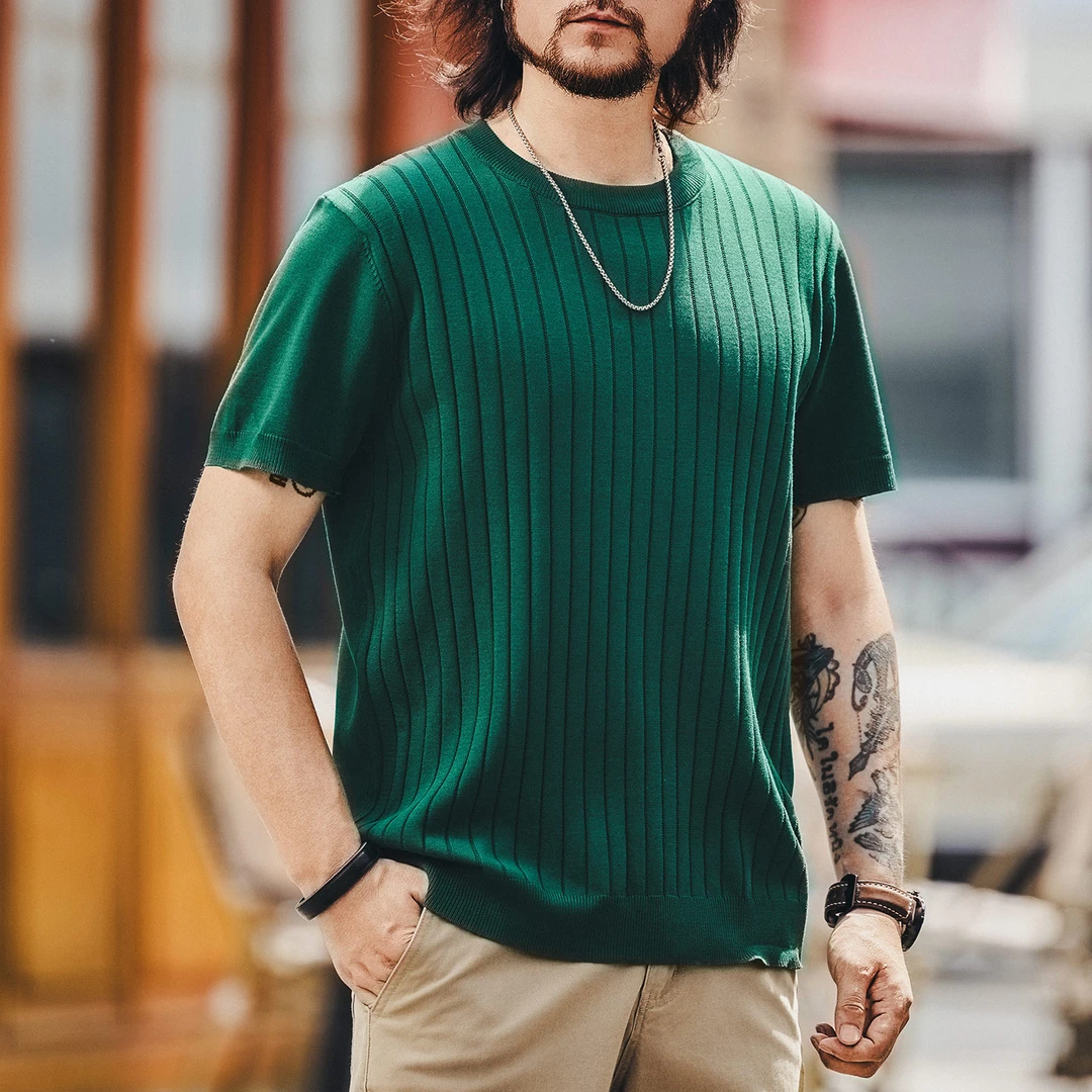 格蓝鹿高端日系潮牌针织短袖T恤男士夏季新款重磅宽松圆领半袖