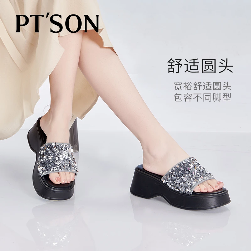 【百田森PT SON】一字拖鞋女夏季新款亮片松糕厚底增高时装拖鞋女