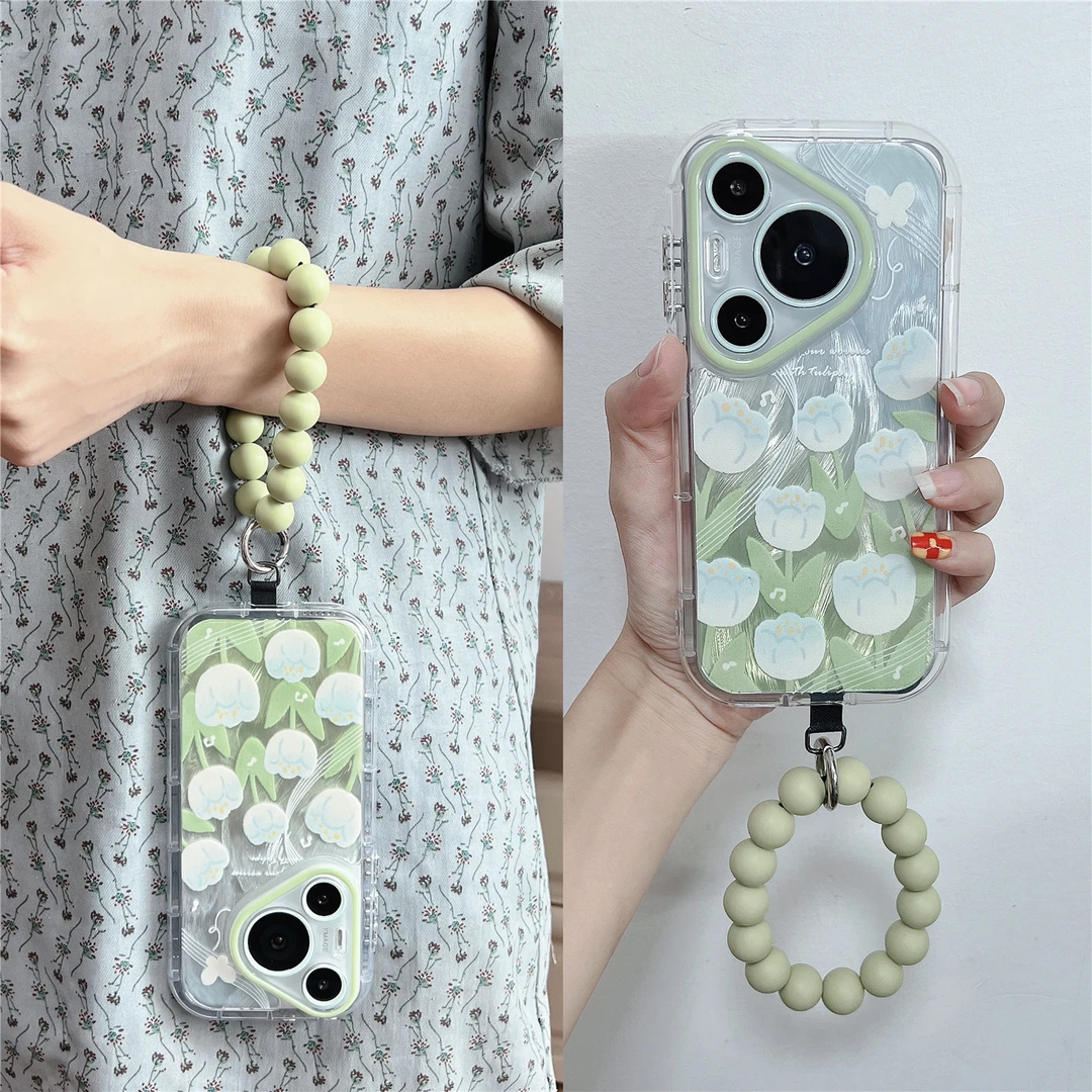 夏季小清新绿色郁金香花适用华为pura70手拎mate70圆环苹果手机壳