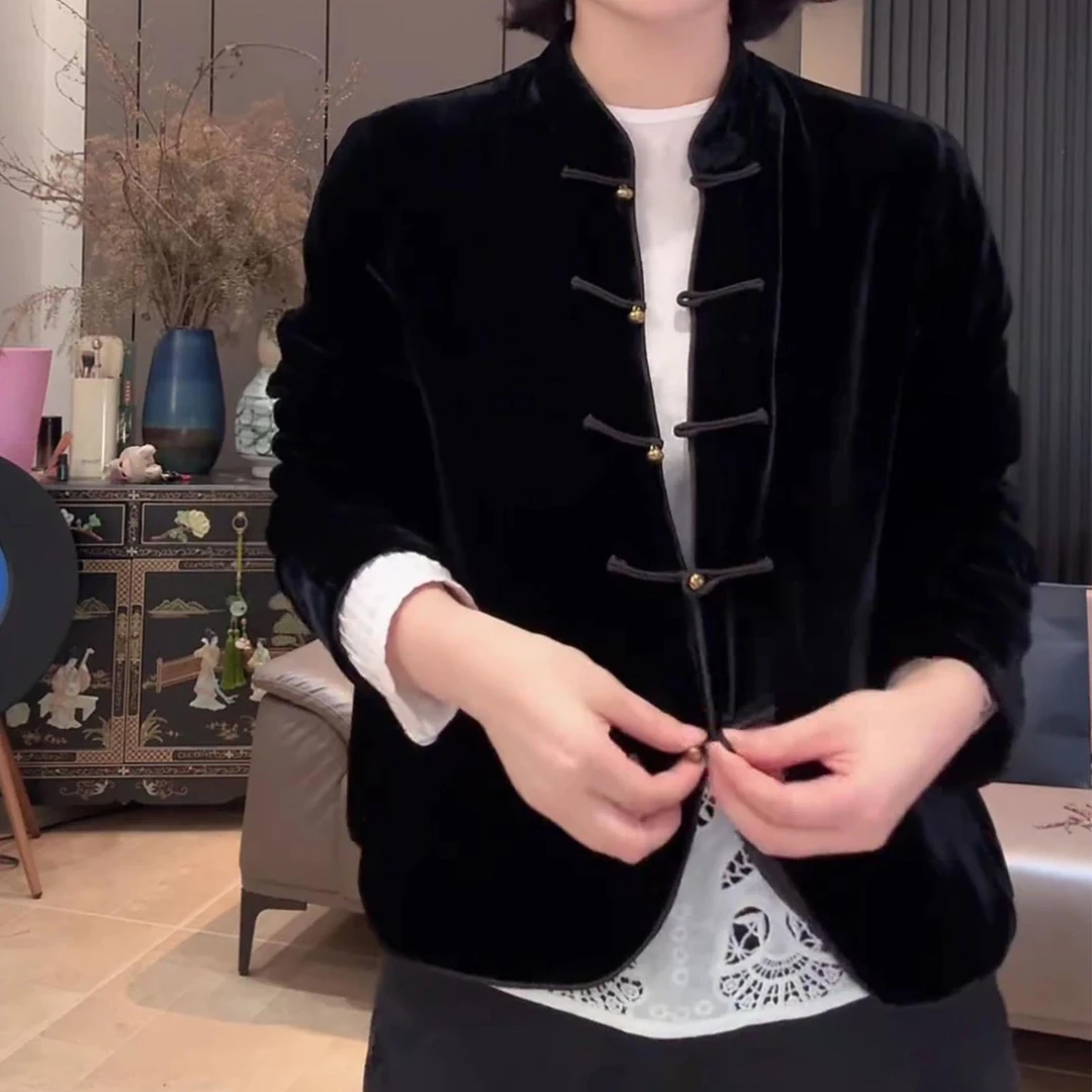 时尚复古国风丝绒上衣女2025年秋季新款宽松显瘦盘扣新中式短外套
