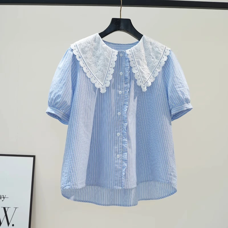 小清新淡雅蓝条纹蕾丝木耳领衬衫女宽松大码短袖法式复古上衣百搭