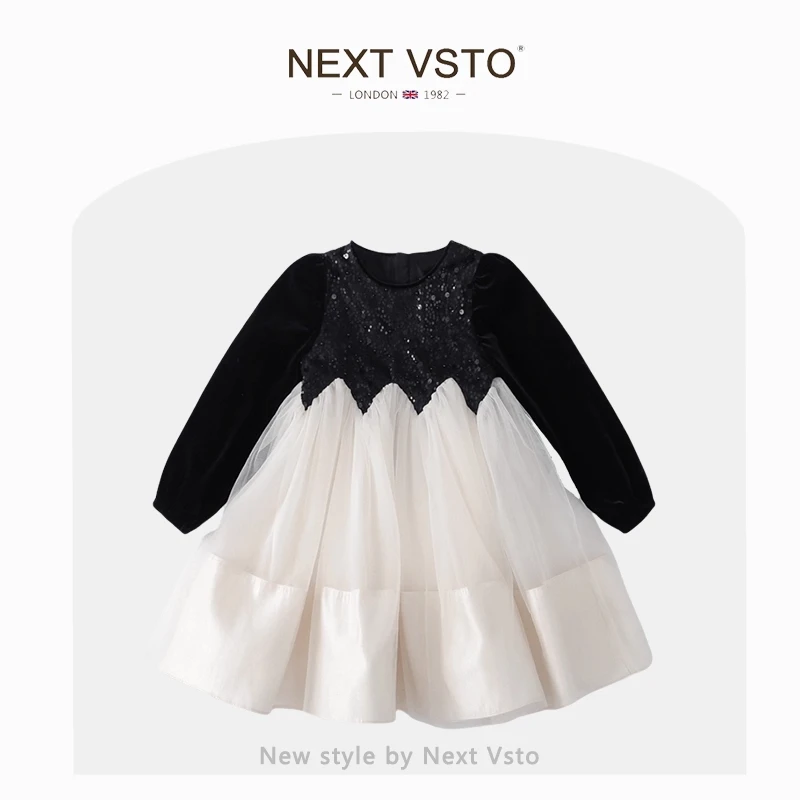 英国NEXT VSTO女童亮片网纱公主裙春秋小女孩赫本丝绒礼服公主裙