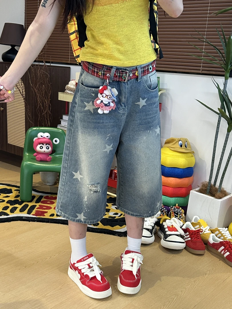 【免费试穿】美式复古星星印花牛仔短裤女夏季设计感高腰直筒七分裤