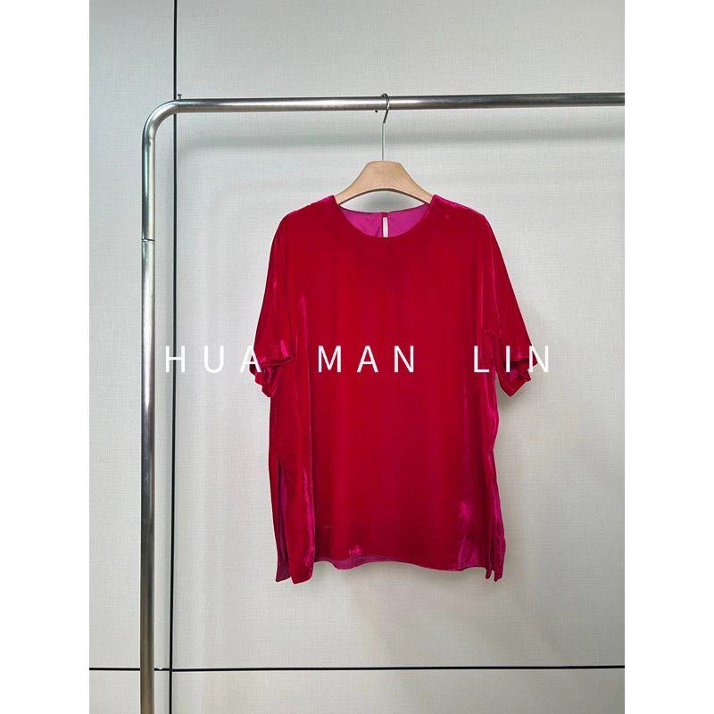 【花满林】圆领后一粒扣真丝桑蚕丝丝绒红色短袖上衣245587