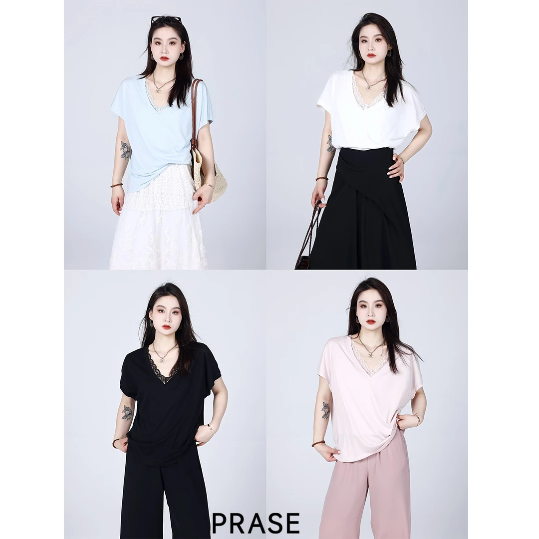 PRASE·噜【月见花阴】微胖轻奢设计款夏女天丝棉V领蕾丝T恤PR505E37