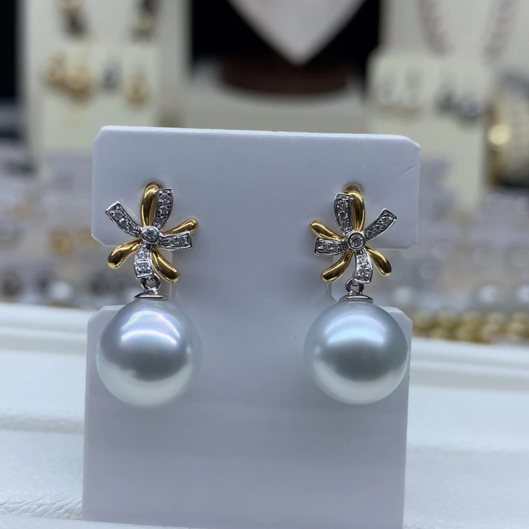 海水珍珠18K金镶嵌耳饰10.3mm澳白耳坠