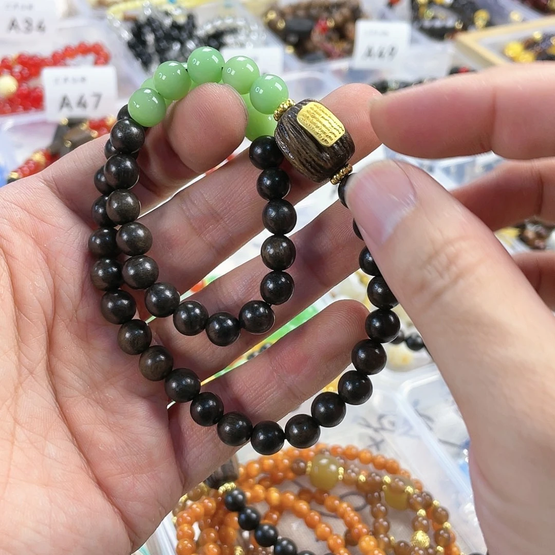 檀香木手串银S925镀金镶嵌