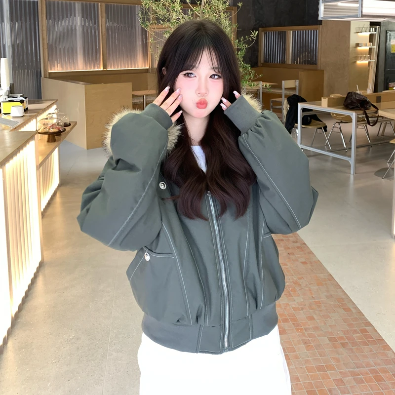 美式冬季棉服外套夹棉帆布水洗男女加厚大毛领短款飞行员派克服