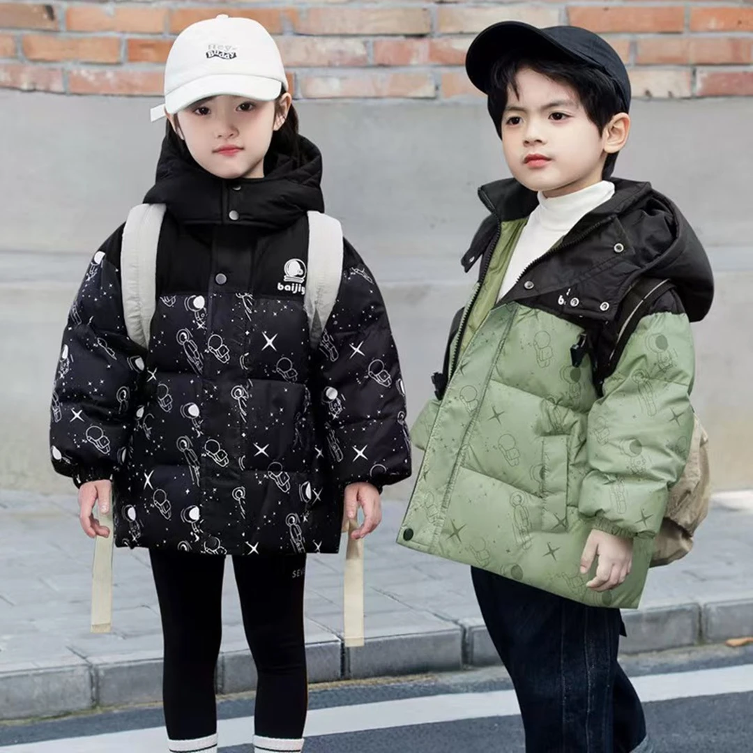 25新款儿童羽绒服男童女童保暖外套宝宝连帽童装中长款加厚黑金冬