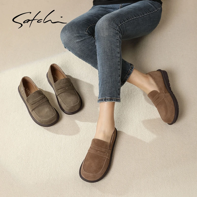 沙驰 25年新款牛剖层皮复古厚底乐福鞋圆头勃肯一脚蹬百搭单鞋