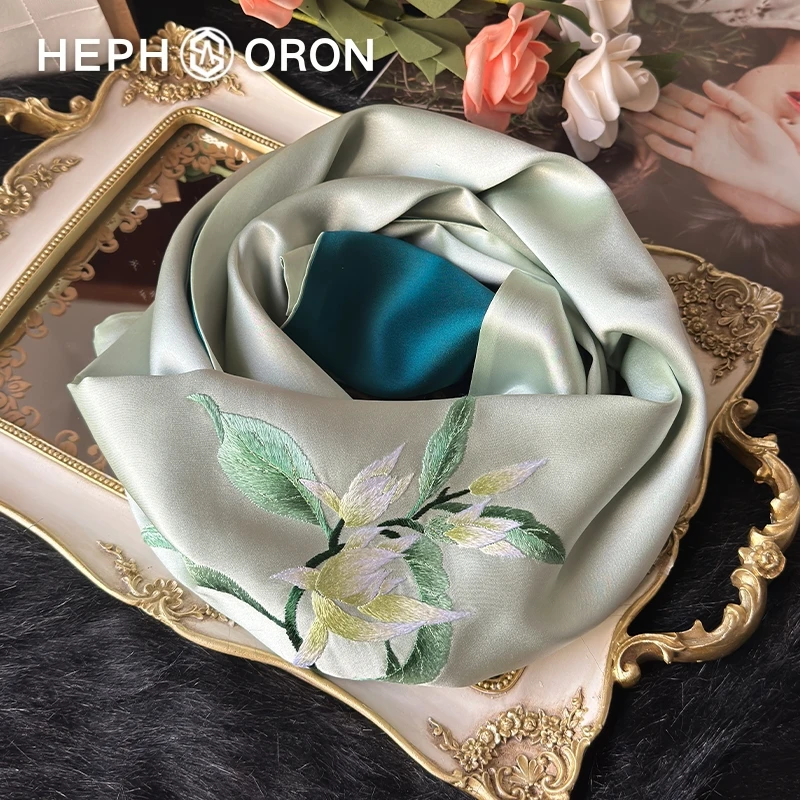 HEPHSORON苏绣丝巾礼盒送妈妈薄款绿色刺绣百搭桑蚕丝真丝围巾