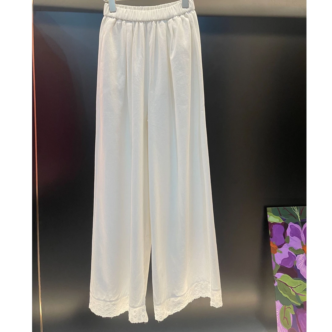 白色气质阔腿休闲裤子女新款蕾丝拼接时尚高端长裤牛仔裤NS8989