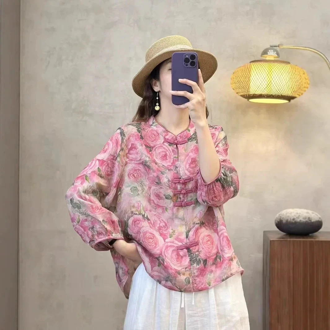 2025夏季新款新中式苎麻上衣女中式复古改良国风