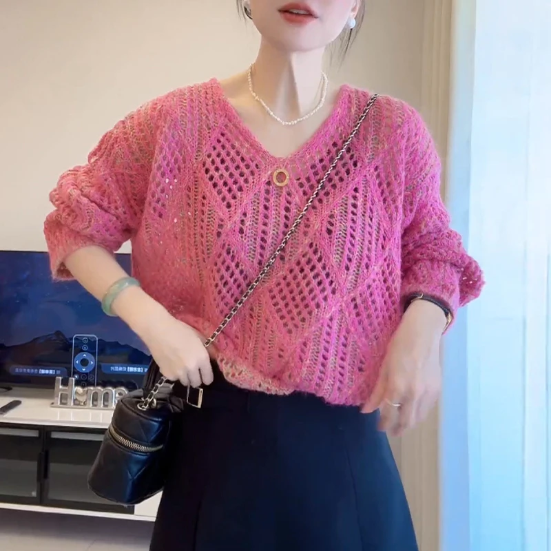 韩系V领长袖针织衫女2025年秋季新款时尚百搭设计感纯色显瘦衣服