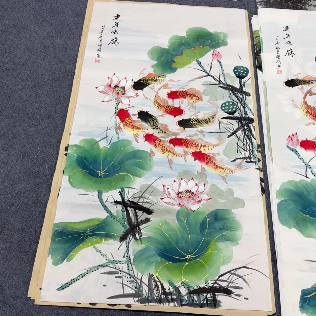 知***足国画140×70金线鱼手绘画画画