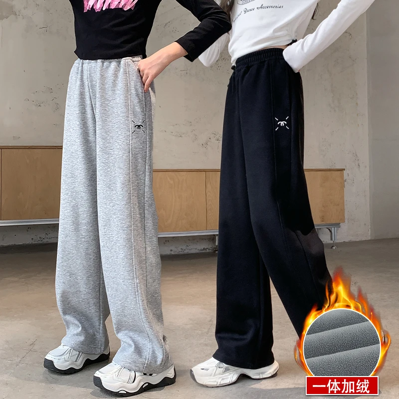 女童加绒裤子秋冬直筒运动裤新款大童女孩冬季加厚休闲裤儿童卫裤