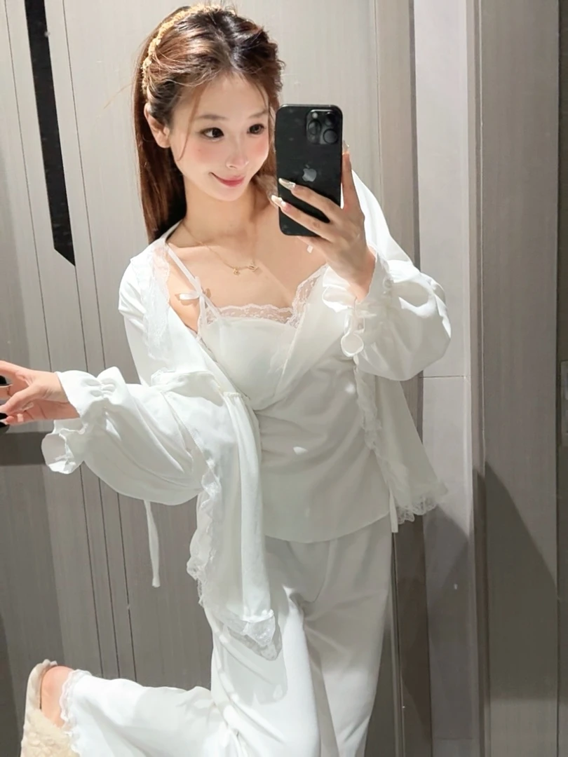 【精致女孩的睡衣】巨美啊蕾丝吊带带胸垫纯白色奶呼呼精致睡衣套装