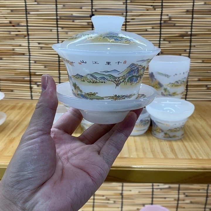 琉璃手工艺品千里江山图盖碗