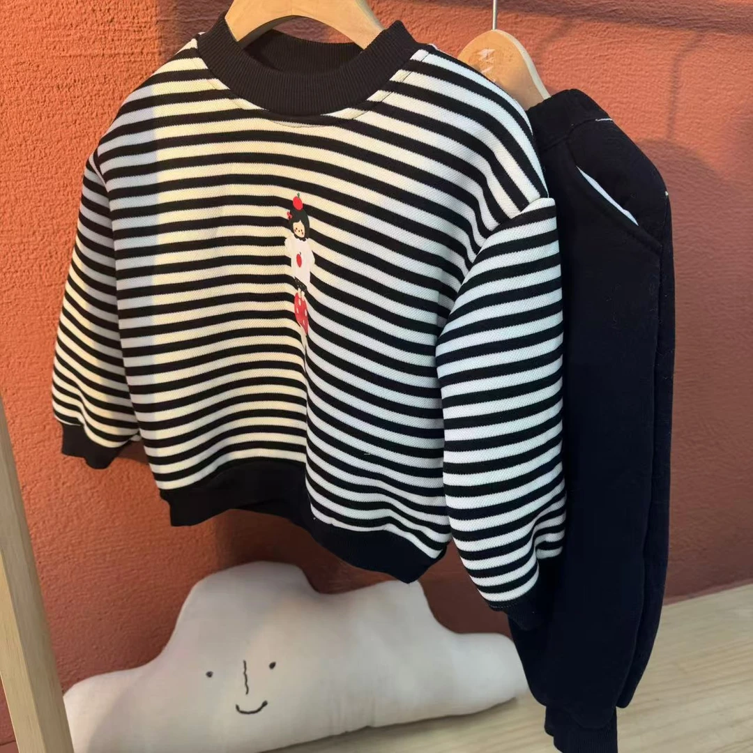 女童黑白条纹加绒加厚圆领套头保暖套装