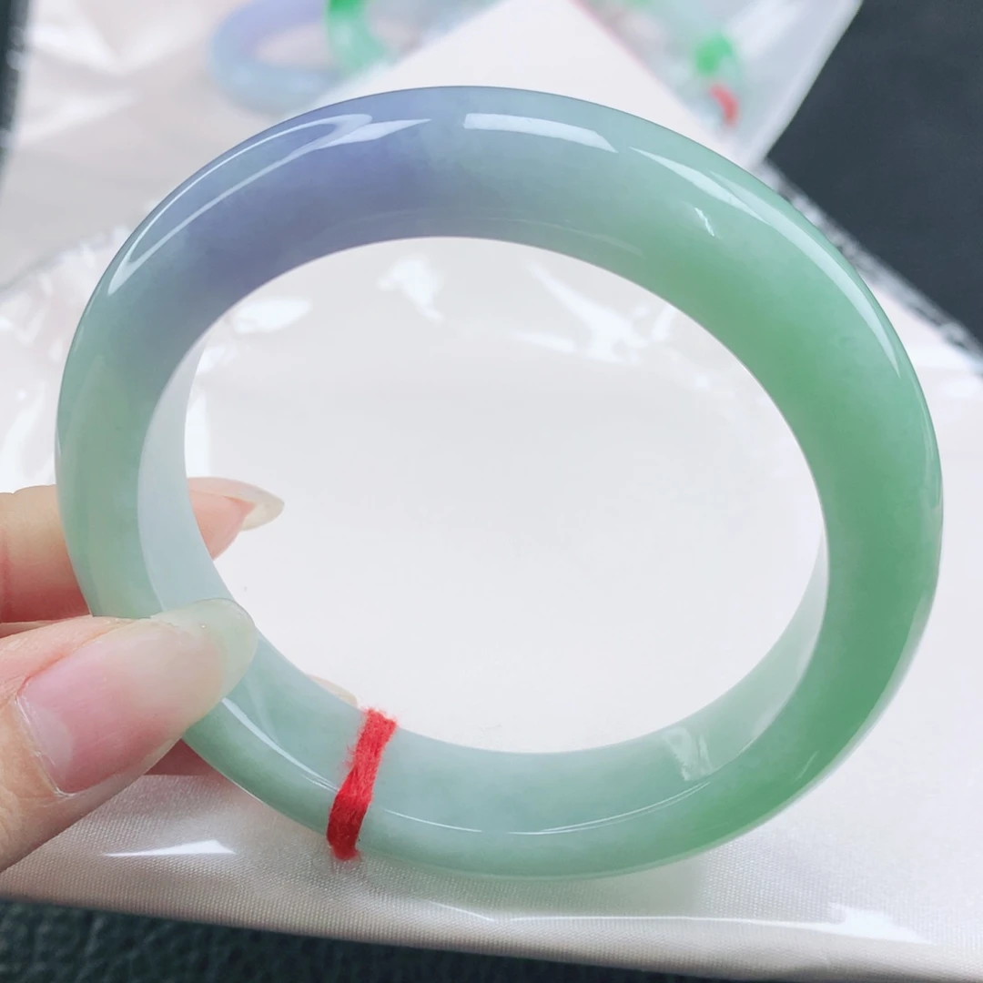 翡翠未镶嵌手镯缅甸59.2果阳绿飘紫翡正圈