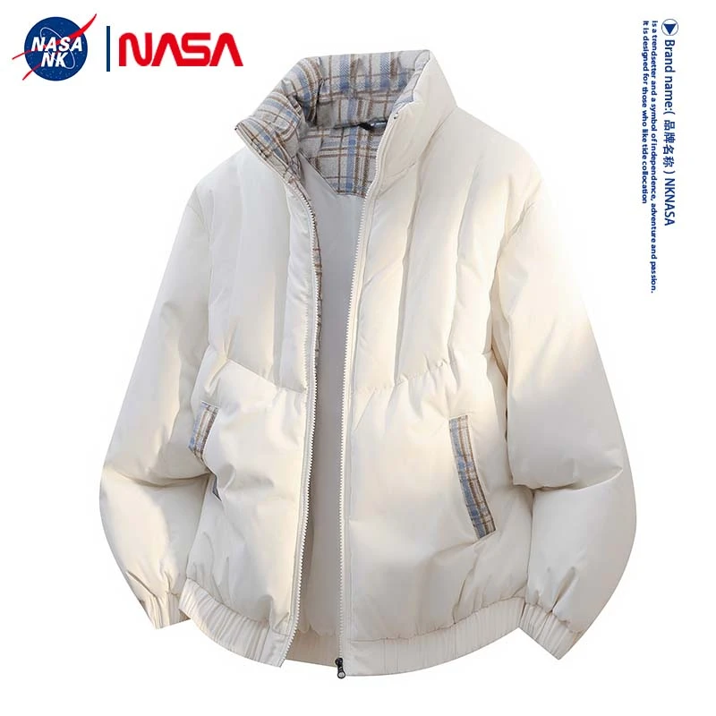 NASA联名撞色拼接格纹立领棉衣外套男士冬季加厚保暖休闲百搭棉服