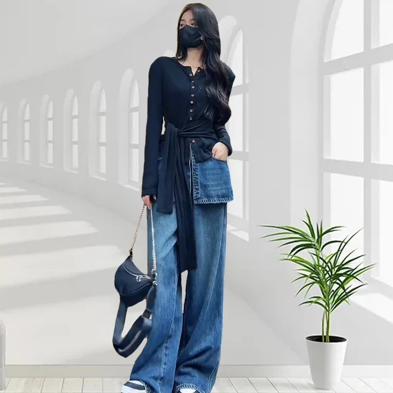 春季新款时尚洋气套装66217气质减龄显瘦遮肉修身上衣+阔腿牛仔裤