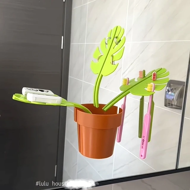 绿植牙刷架卫生间浴室壁挂置物架3d打印洗手台镜前装饰架家居摆件