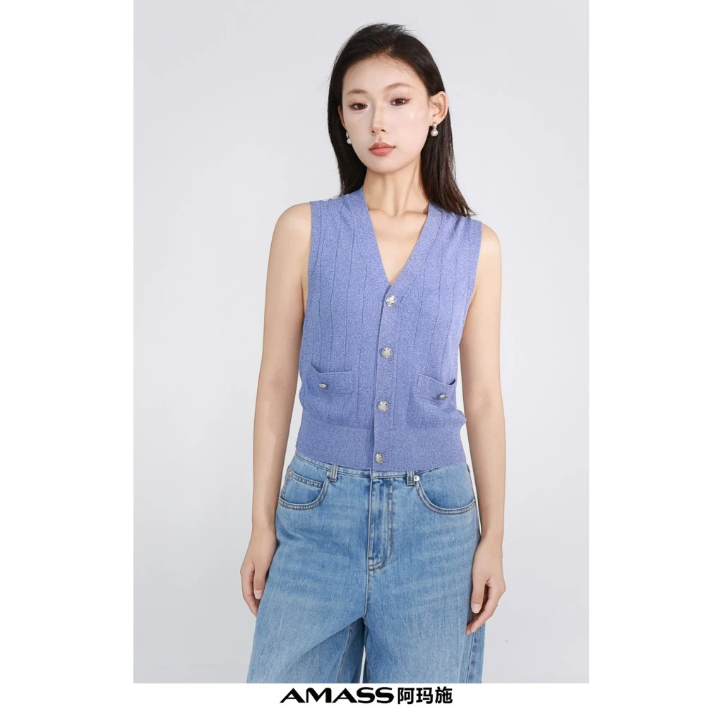 阿玛施 夏日薄款简约时尚气质纯色百搭休闲无袖针织马甲女548013