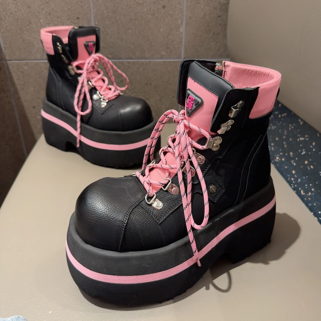 厚底马丁靴女2025秋冬新款大头英伦风短靴女增高系带骑士靴切尔西