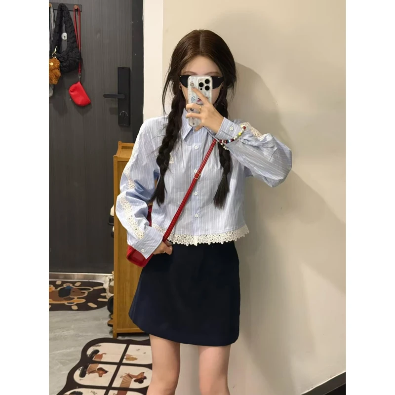 法式长袖蓝色条纹衬衫蕾丝拼接上衣衬衣女高级感轻奢洋气小众套装