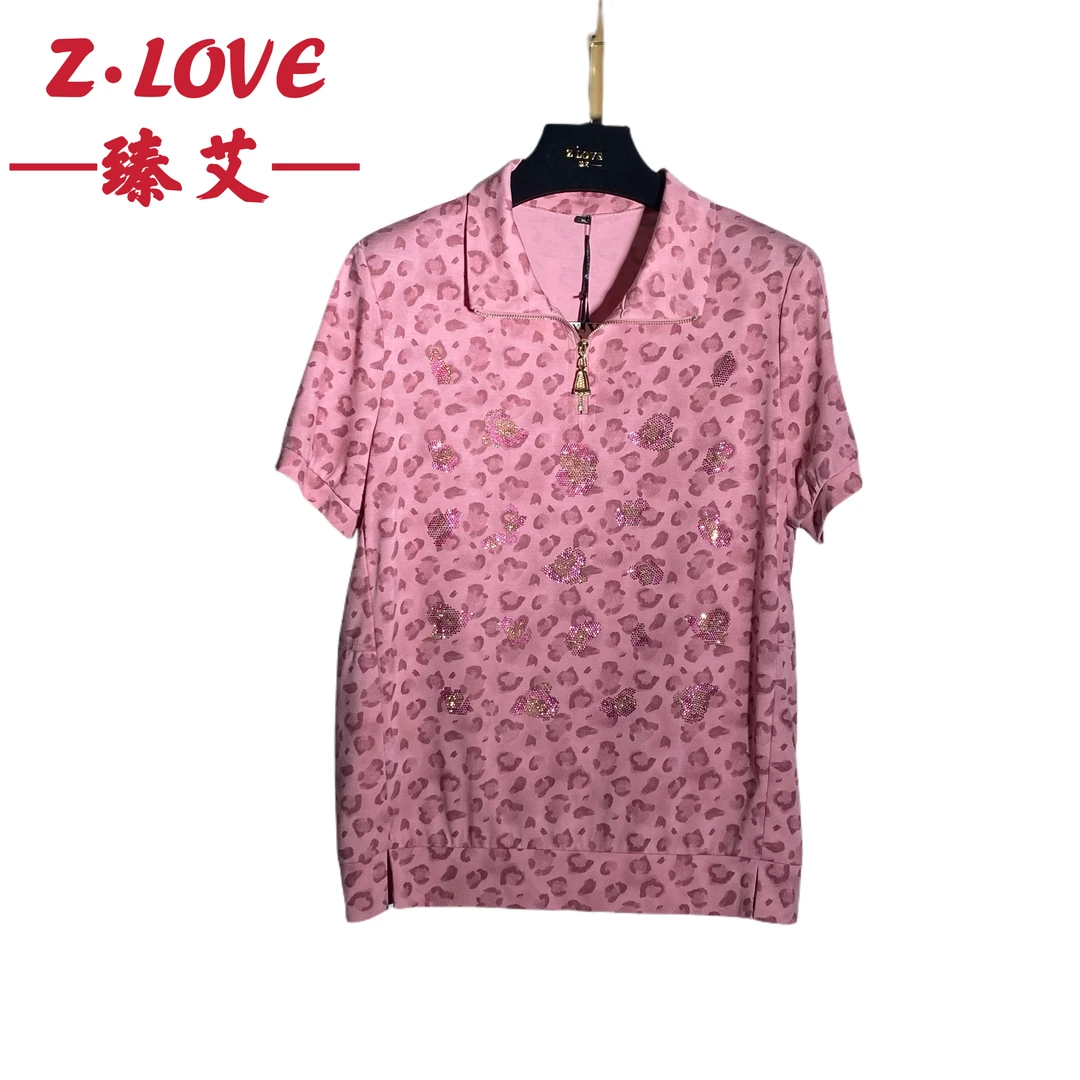 【繁星点缀豹纹】7018 短袖休闲风中老年印花时尚常规款烫钻套装