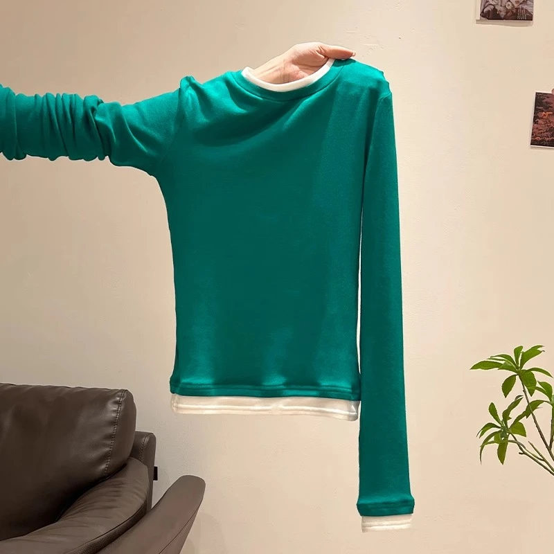 假两件撞色拼接圆领长袖T恤女2025早春季修身显瘦内搭打底衫上衣