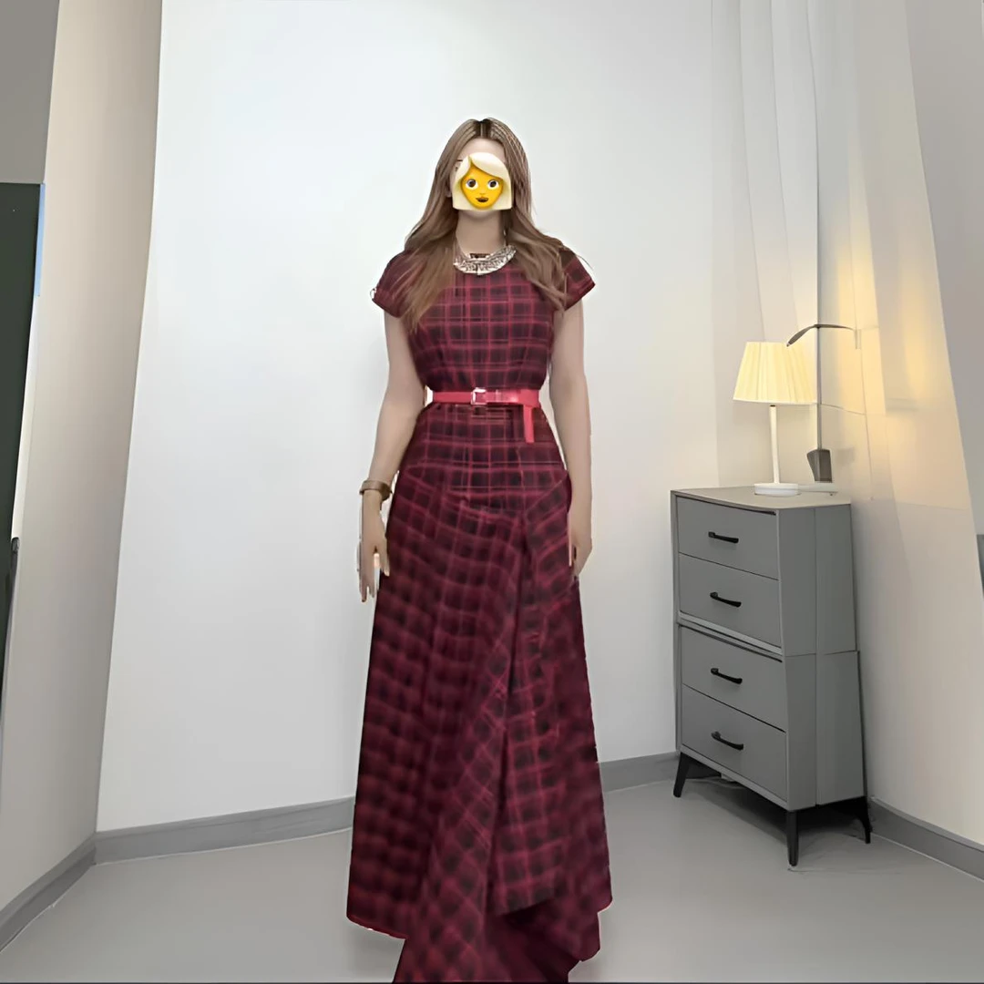 夏季爆款长款格子连衣裙修身显瘦显高显气质