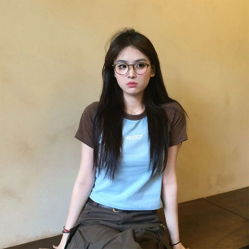 小个子穿搭美式复古撞色插肩短袖T恤女夏季韩版修身显瘦短款上衣