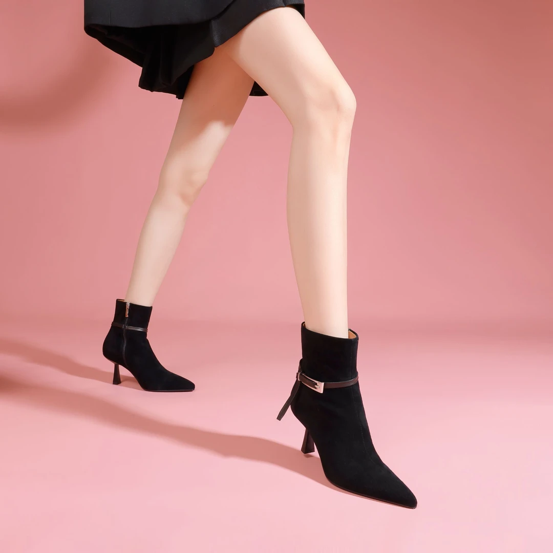 黑色尖头短靴时尚百搭细高跟加绒显瘦女靴MD44118N37