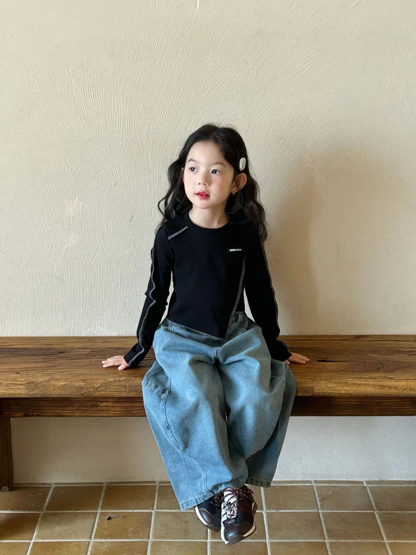 【BA黎-376】2025春新款女童小众设计字母斜切长袖&深蓝牛仔阔腿裤