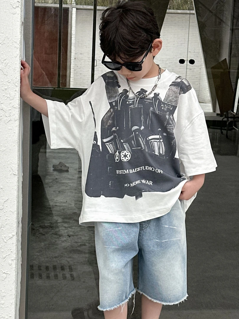 男童夏季纯棉T恤2025年夏季新款印花潮酷儿童短袖t中小童男孩童装