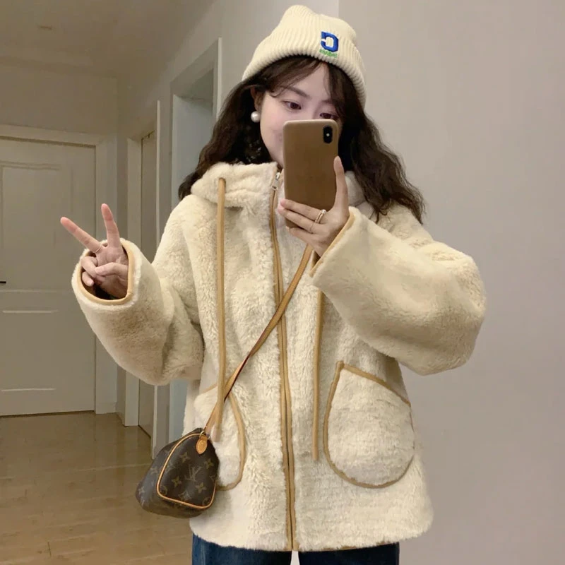 皮毛一体羊羔毛外套女2024秋冬新款连帽韩系宽松连帽环保毛毛外套