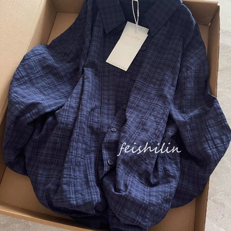 四季款～蓝色格子衬衫外套格调斩女韩版宽松慵懒风男女同款衬衣
