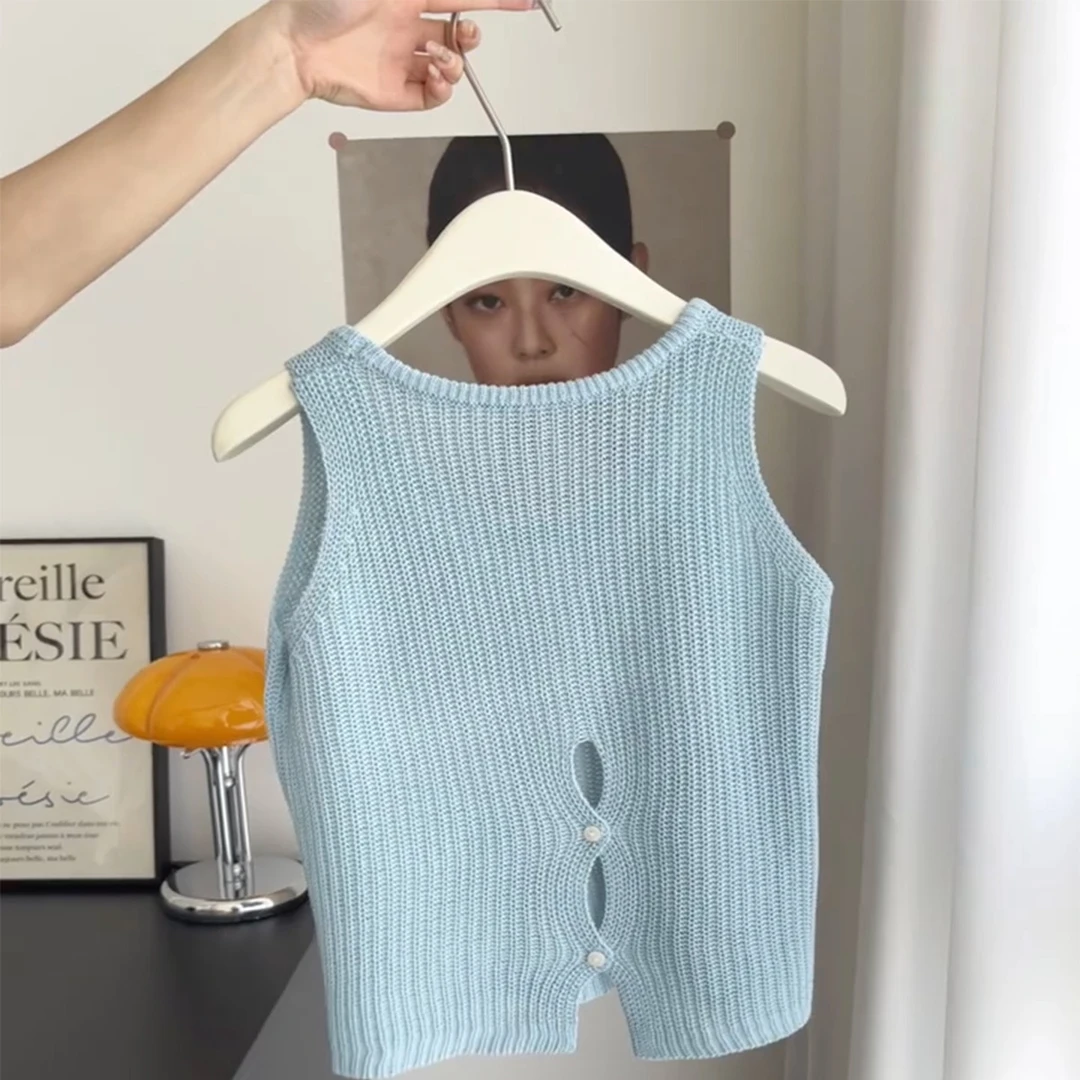 设计感小众后背扣子镂空背心女春季新款韩系休闲百搭修身无袖上衣