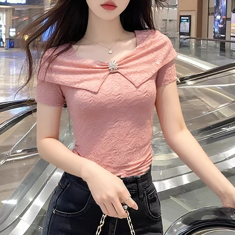 YH#法式T恤轻奢方领洋气百搭短袖女夏季修身显瘦上衣DY13826A
