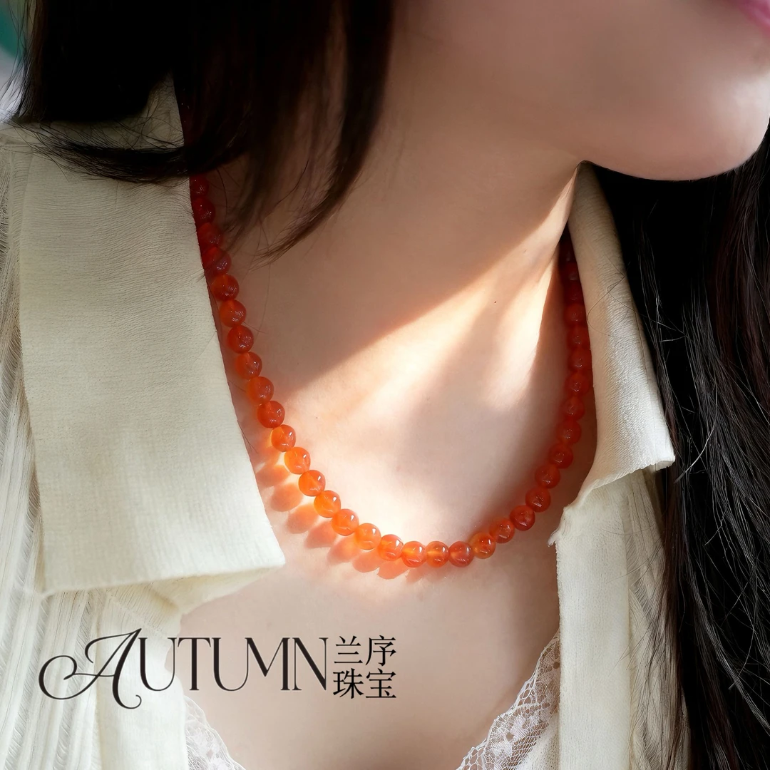 原矿无胶南保山冰红南红项链45CM长珠子卡7mm（直播间确认品质）