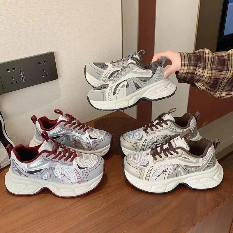 888-26新款系带圆头加绒舒适百搭厚底休闲老爹鞋