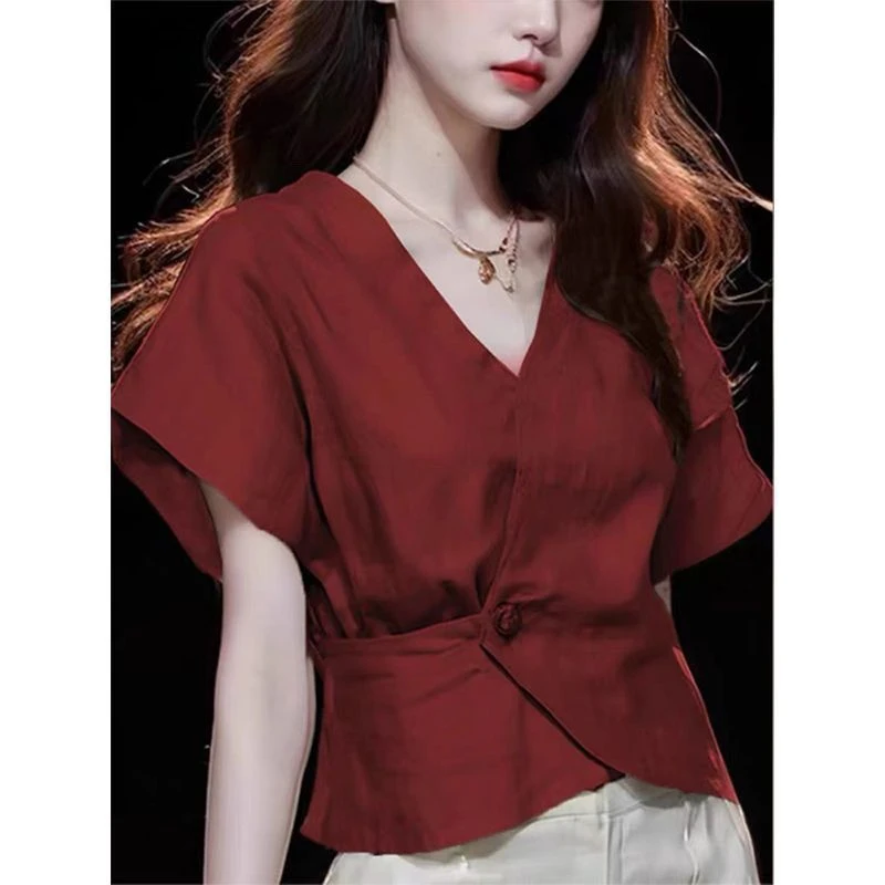 2025上新女士短袖衬衫收腰设计气质通勤v领时尚洋气高级感上衣