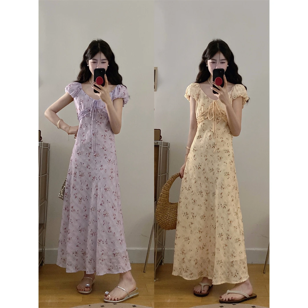 大码法式碎花连衣裙女夏季胖MM遮肚显瘦裙子度假风垂感A字裙