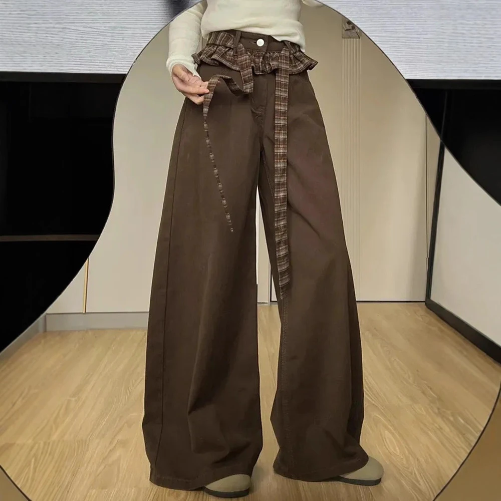 秋新款美拉德复古牛仔裤阔腿裤高腰女韩系设计感拼接格纹直筒裤