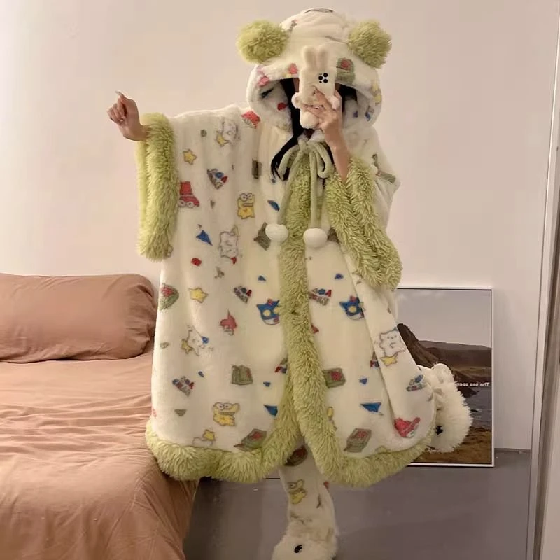 【蜡笔】冬款斗篷带袖子毛绒睡衣加厚睡衣外穿韩版网红时尚宽松显瘦