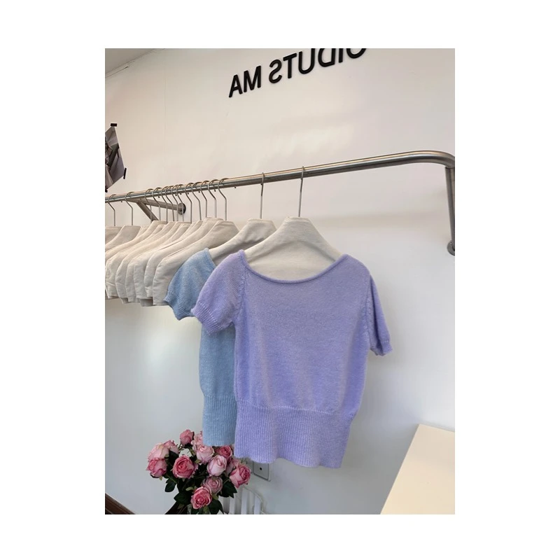 【A M阿梦】一字肩针织短袖T恤女夏季新款时尚减龄上衣