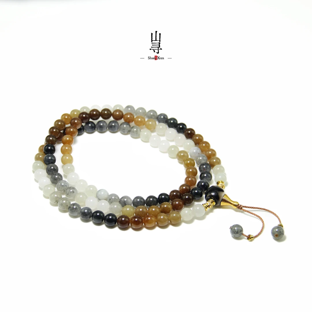 天然新疆和田玉楼兰三色长链108颗卡8mm-三通版-